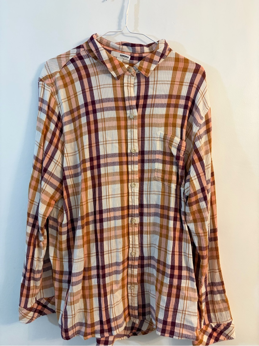 Sonoma Cream Plaid Button-Down Shirt with Rust and Plum Stripes